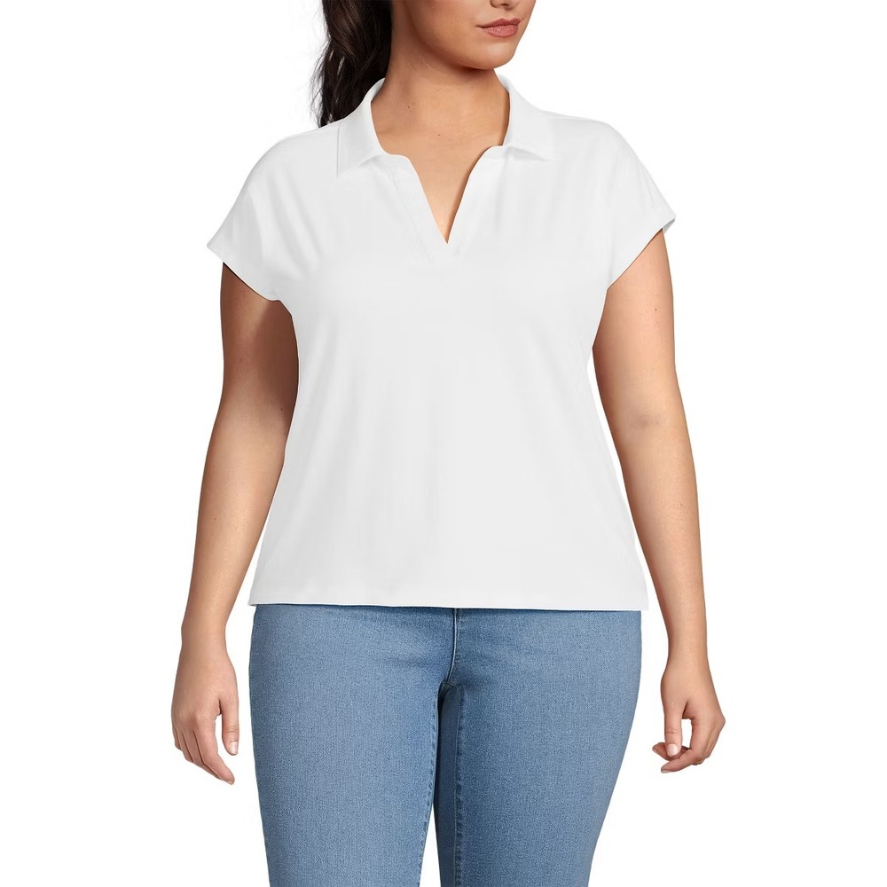 Lands' End Women's Plus Size 100% Cotton Johnny Collar Polo, White - Sz Medium